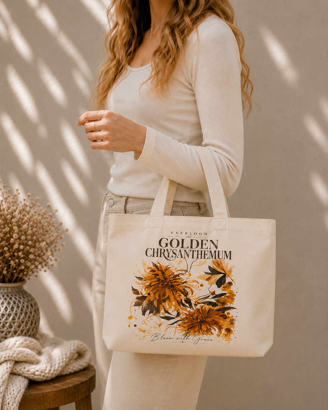 Golden Chrysanthemum Floral Canvas Tote Bag