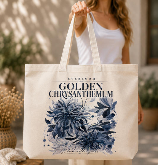 Blue Chrysanthemum Floral Canvas Tote Bag