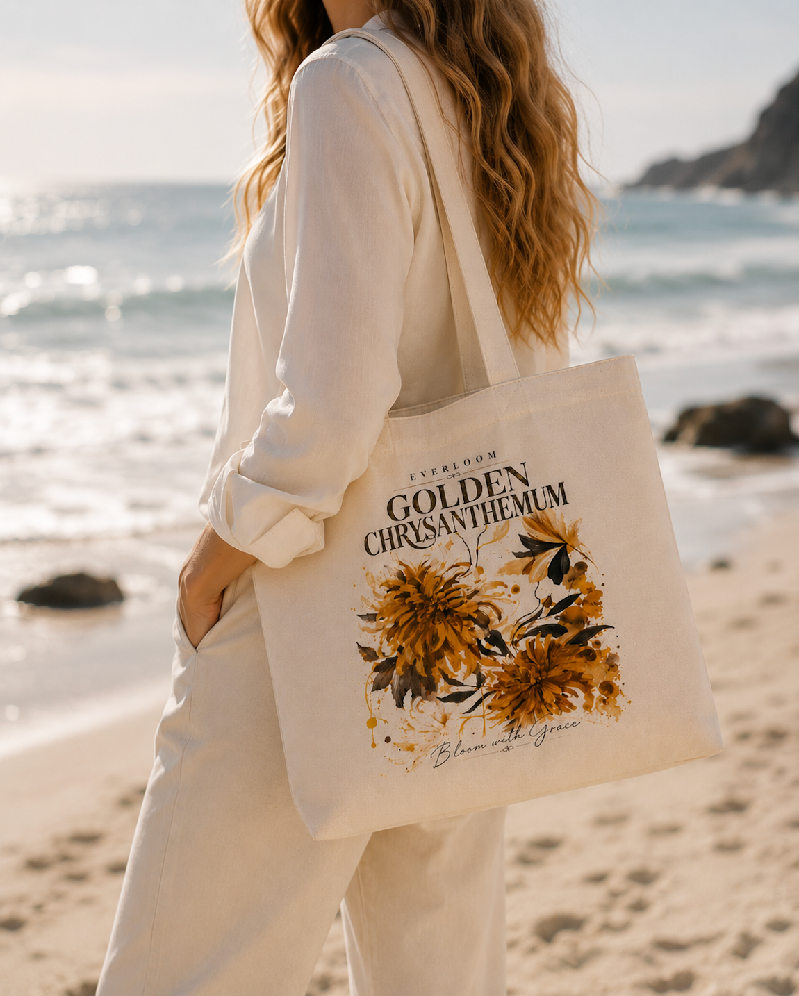 Golden Chrysanthemum Floral Canvas Tote Bag