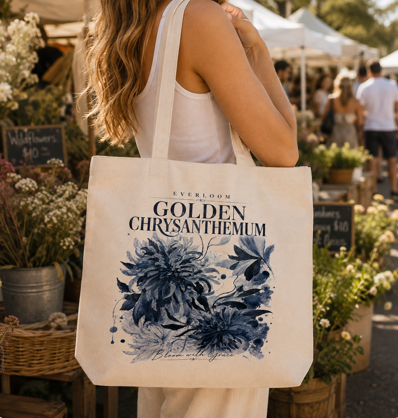 Blue Chrysanthemum Floral Canvas Tote Bag