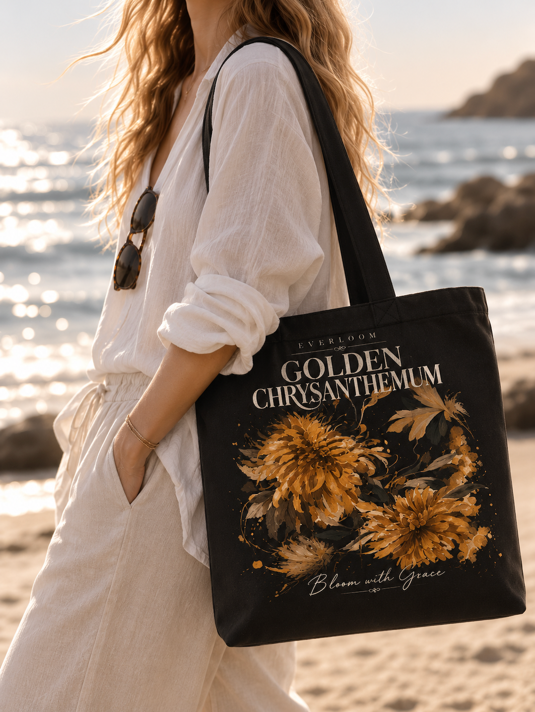 Golden Chrysanthemum Floral Canvas Tote Bag