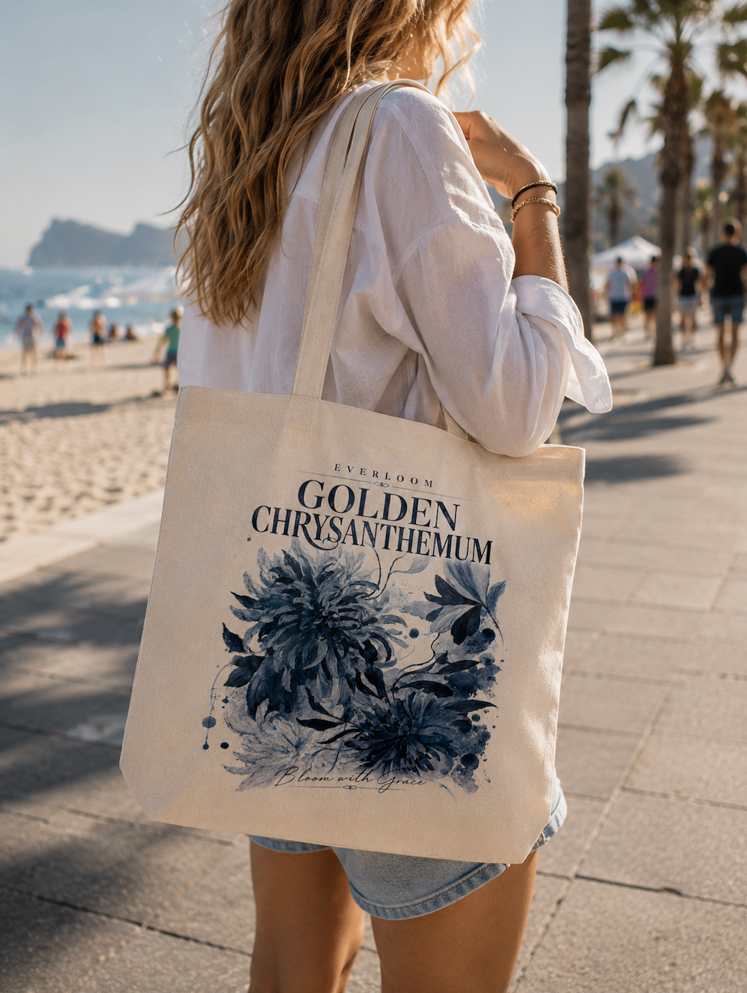 Blue Chrysanthemum Floral Canvas Tote Bag