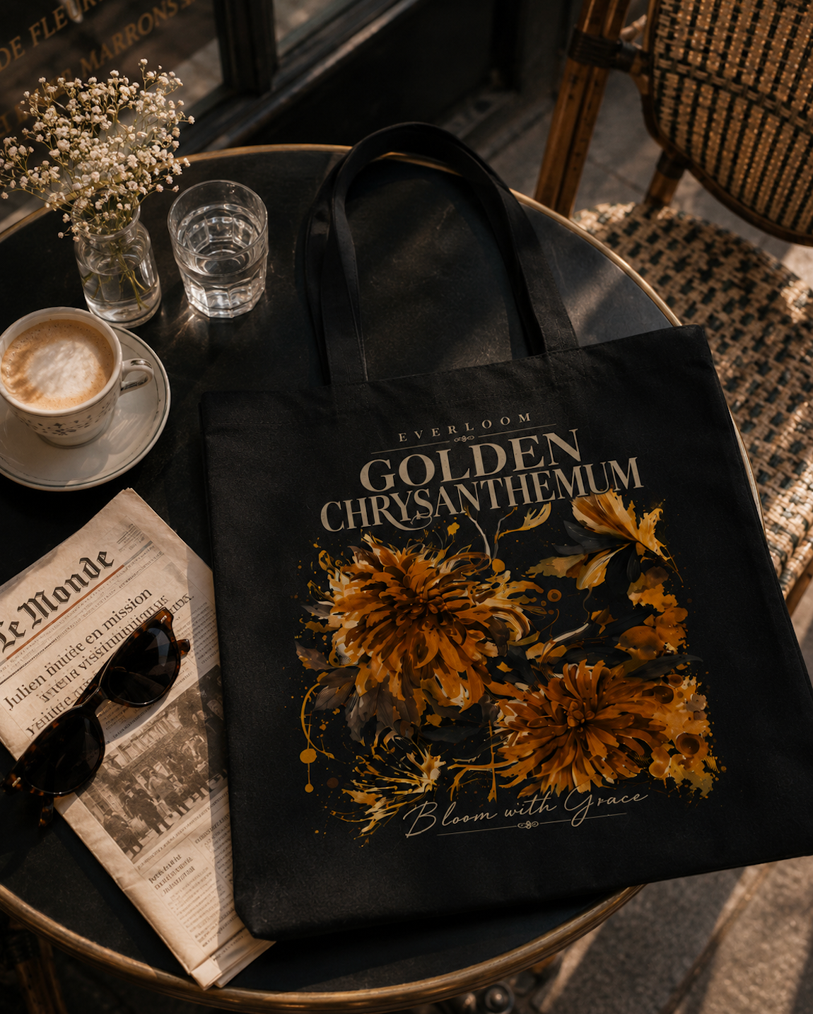 Golden Chrysanthemum Floral Canvas Tote Bag