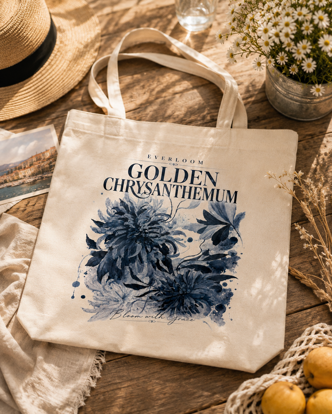 Blue Chrysanthemum Floral Canvas Tote Bag