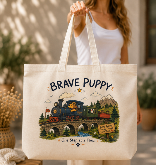 Brave Puppy Adventure Train Canvas Tote Bag