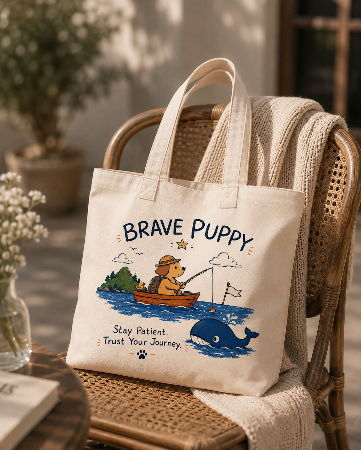 Brave Puppy Fishing Adventure Canvas Tote Bag