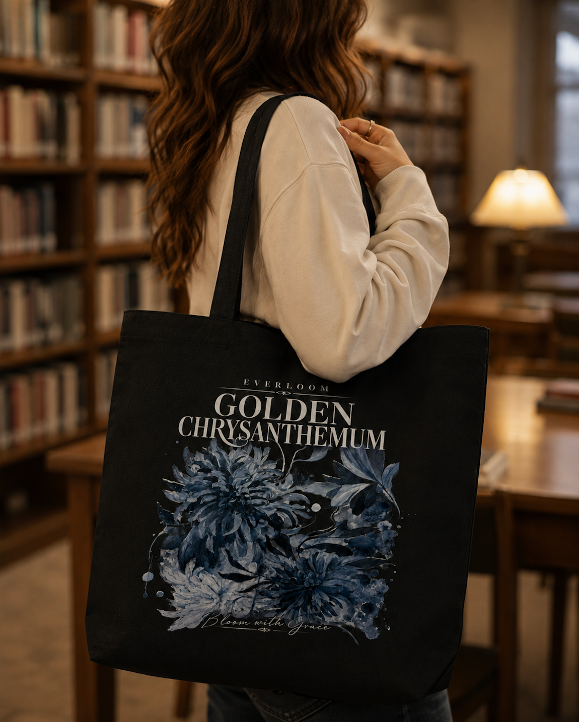 Blue Chrysanthemum Floral Canvas Tote Bag