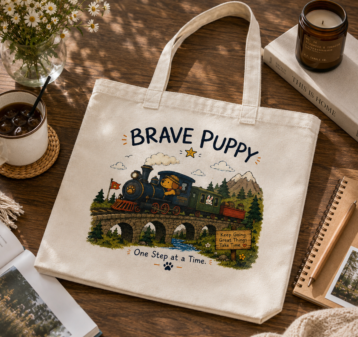 Brave Puppy Adventure Train Canvas Tote Bag