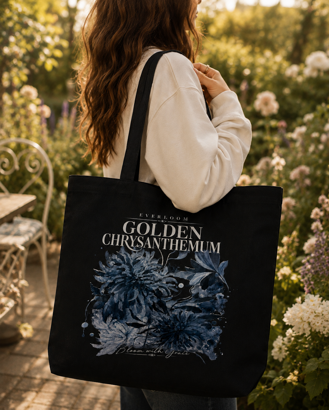 Blue Chrysanthemum Floral Canvas Tote Bag
