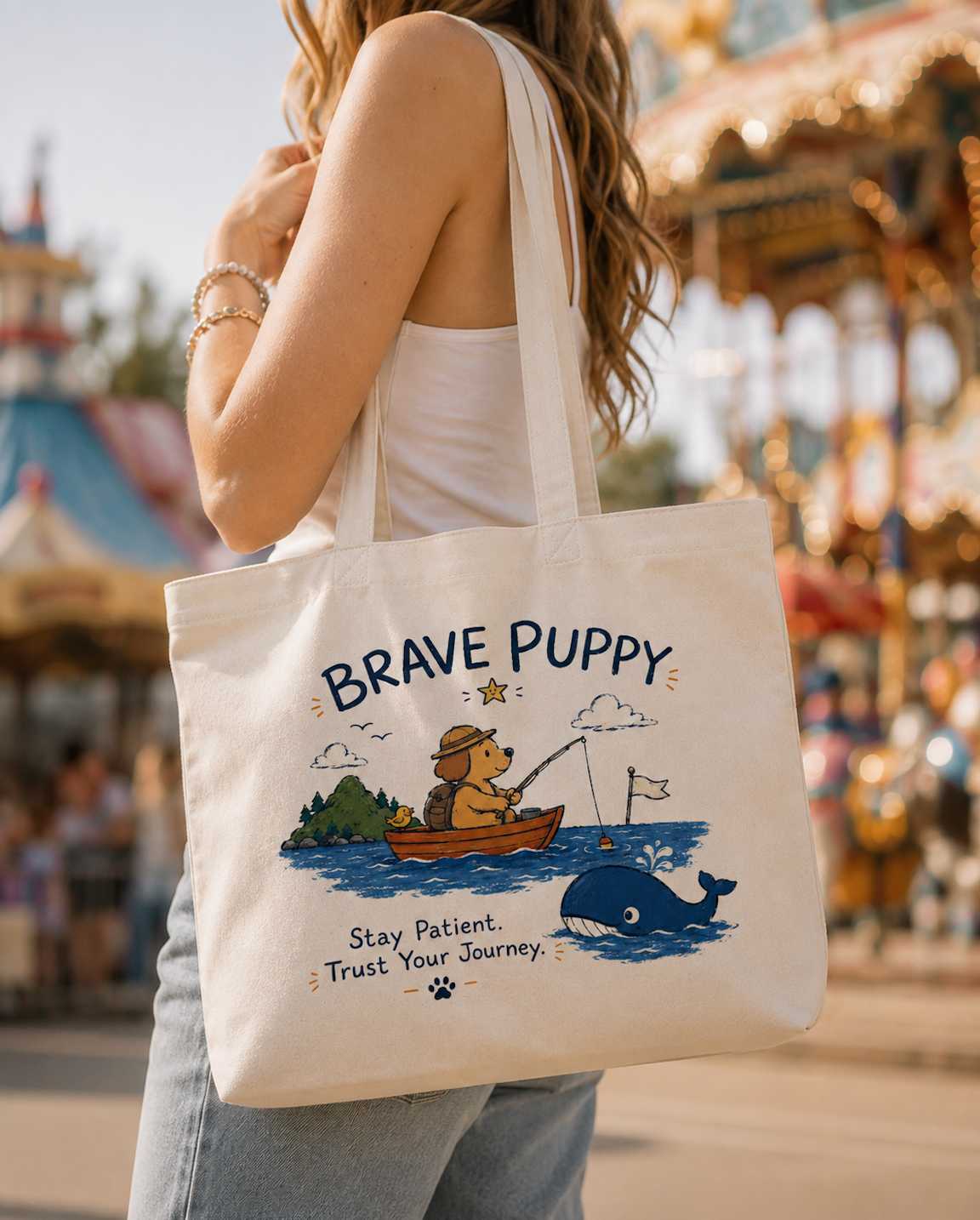 Brave Puppy Fishing Adventure Canvas Tote Bag
