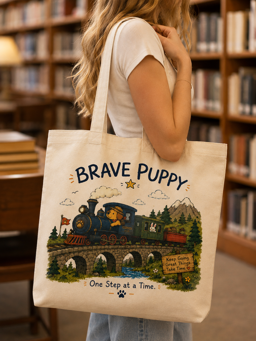 Brave Puppy Adventure Train Canvas Tote Bag