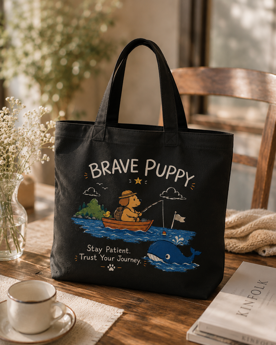 Brave Puppy Fishing Adventure Canvas Tote Bag