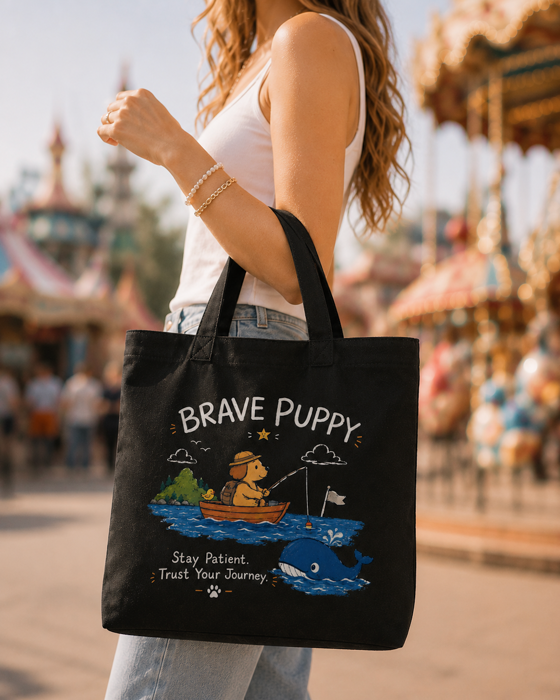 Brave Puppy Fishing Adventure Canvas Tote Bag