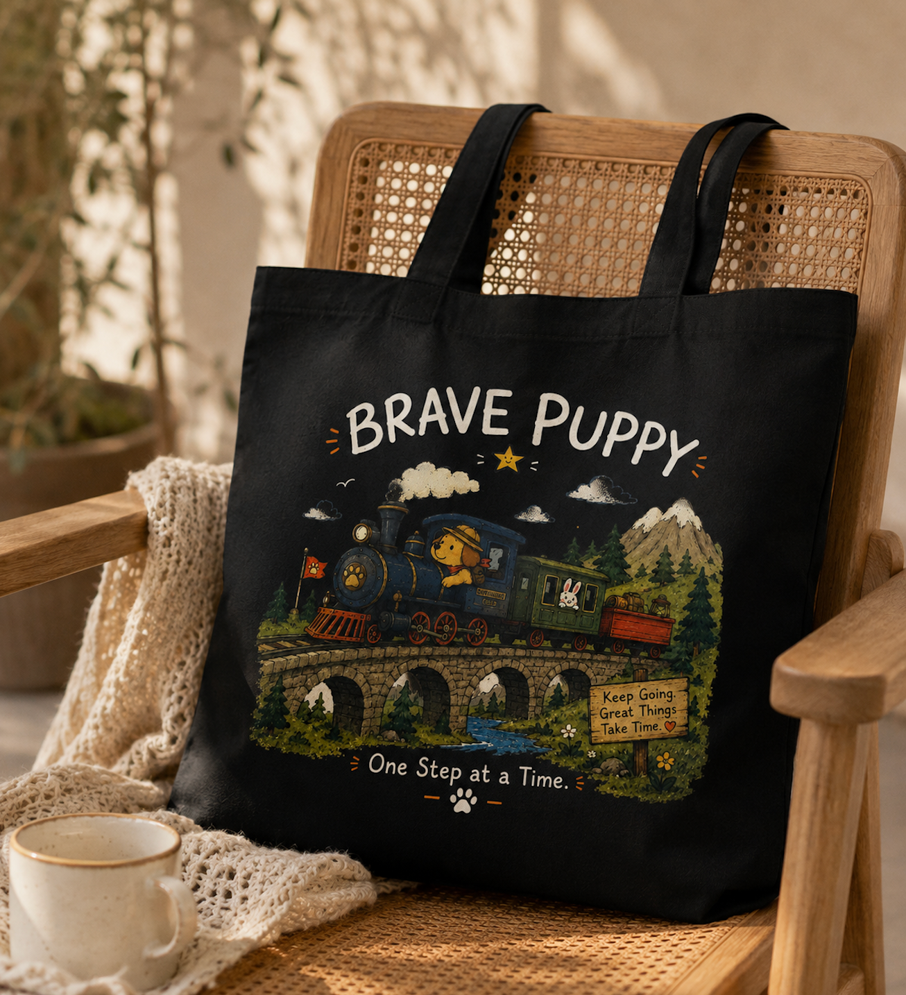 Brave Puppy Adventure Train Canvas Tote Bag