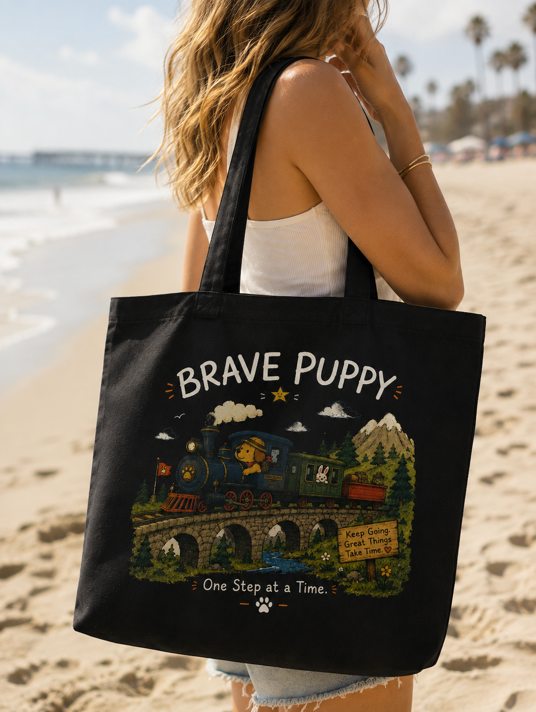 Brave Puppy Adventure Train Canvas Tote Bag