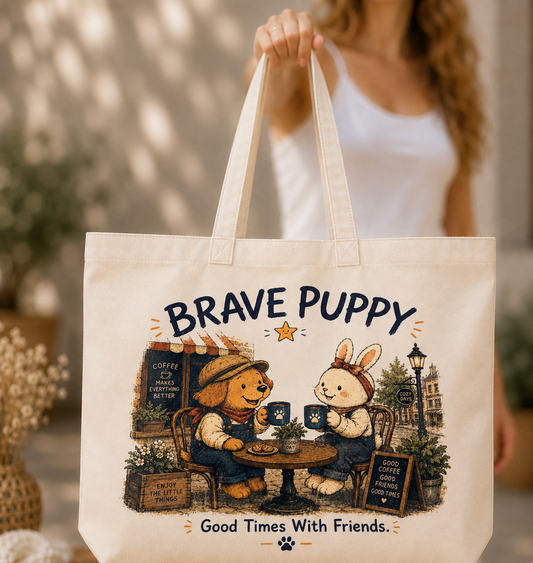 Brave Puppy Coffee With Friends Canvas Tote Bag