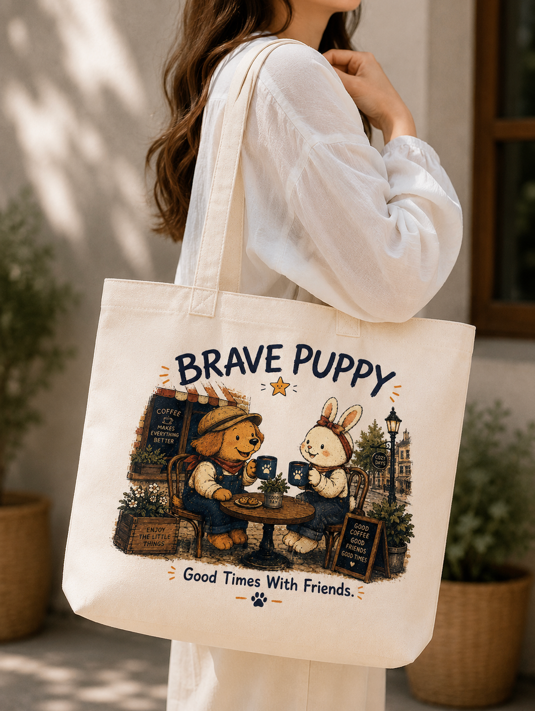 Brave Puppy Coffee With Friends Canvas Tote Bag