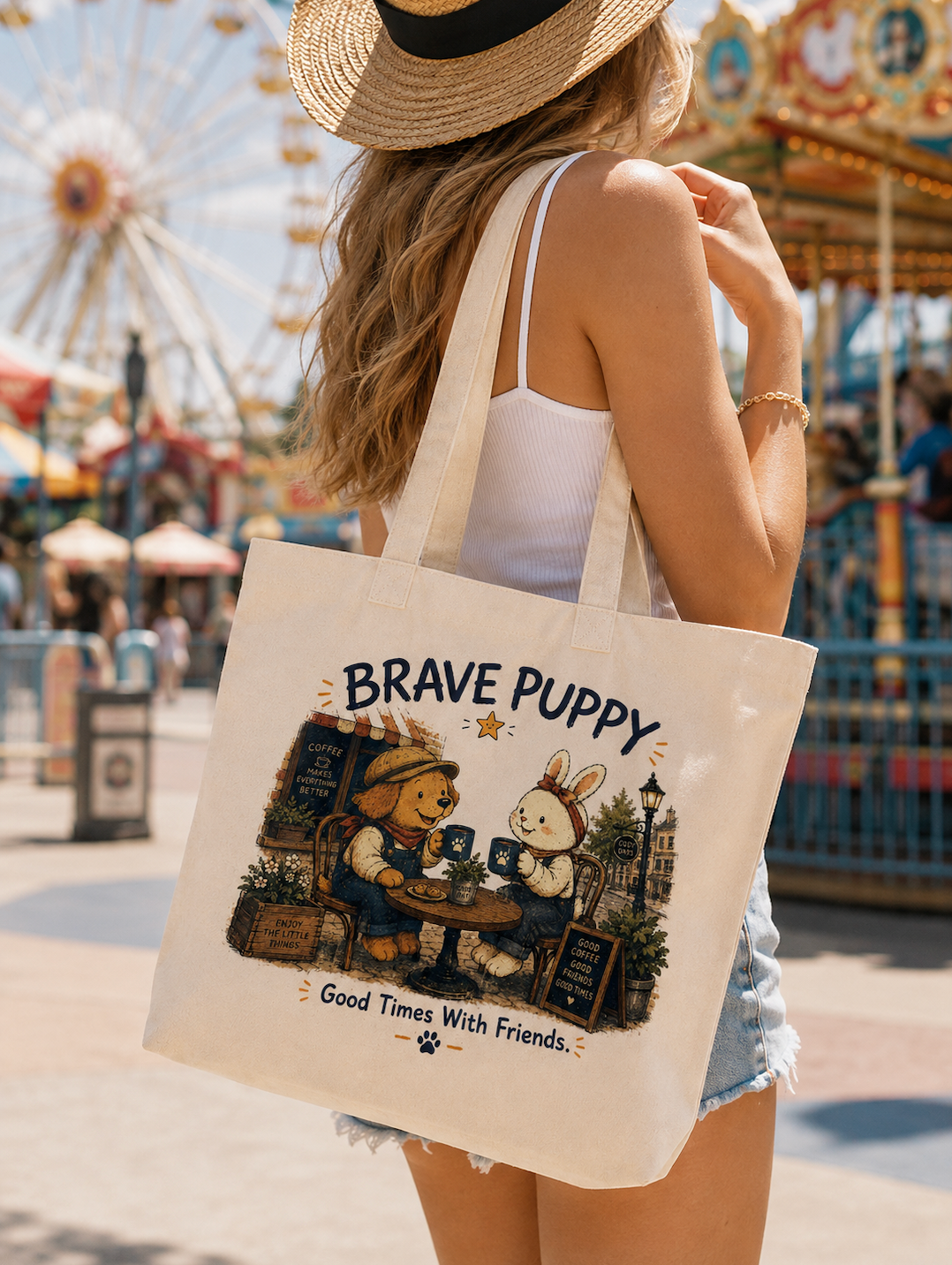 Brave Puppy Coffee With Friends Canvas Tote Bag