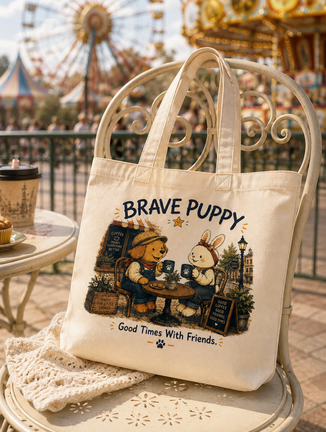 Brave Puppy Coffee With Friends Canvas Tote Bag