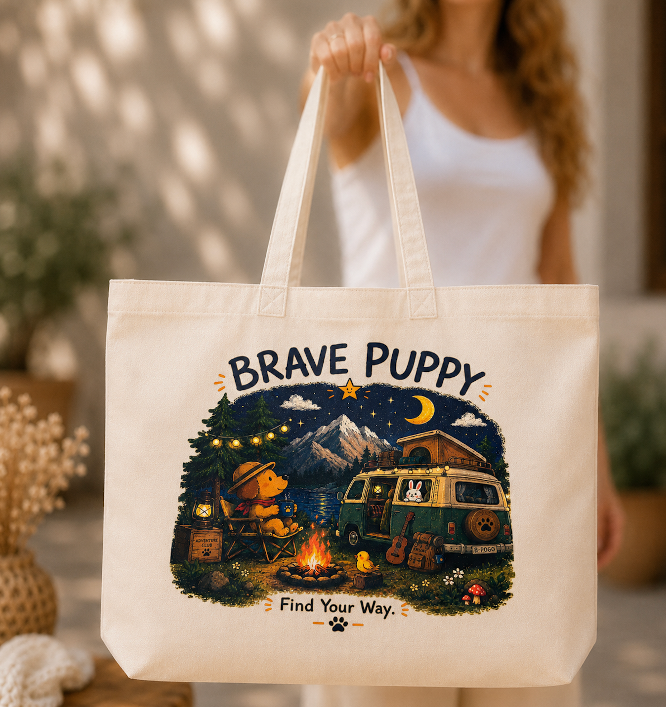 Brave Puppy Camping Adventure Canvas Tote Bag
