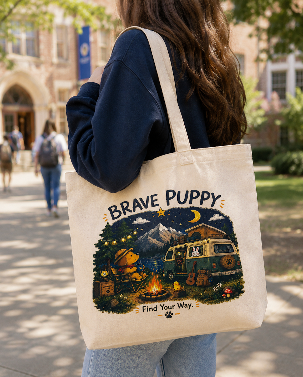 Brave Puppy Camping Adventure Canvas Tote Bag