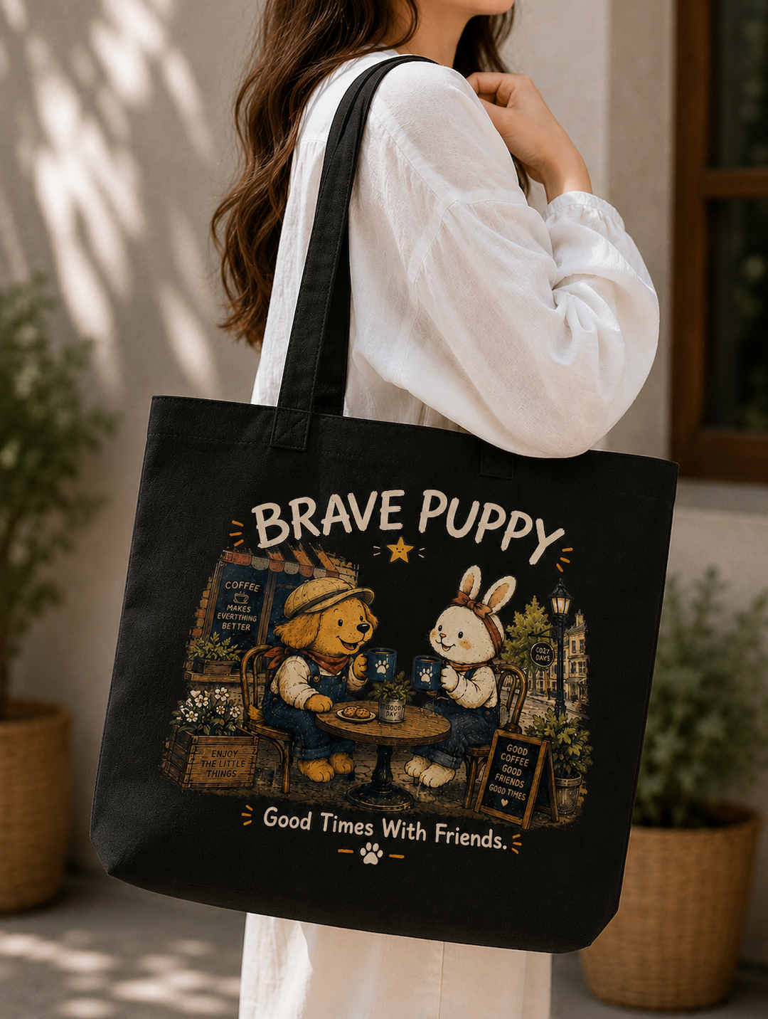 Brave Puppy Coffee With Friends Canvas Tote Bag