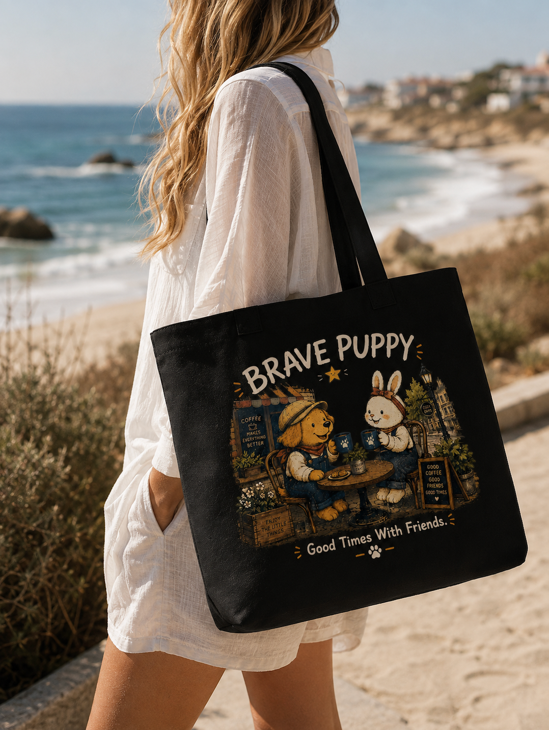 Brave Puppy Coffee With Friends Canvas Tote Bag