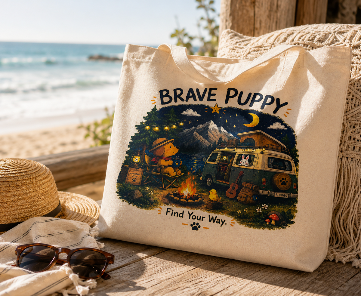 Brave Puppy Camping Adventure Canvas Tote Bag