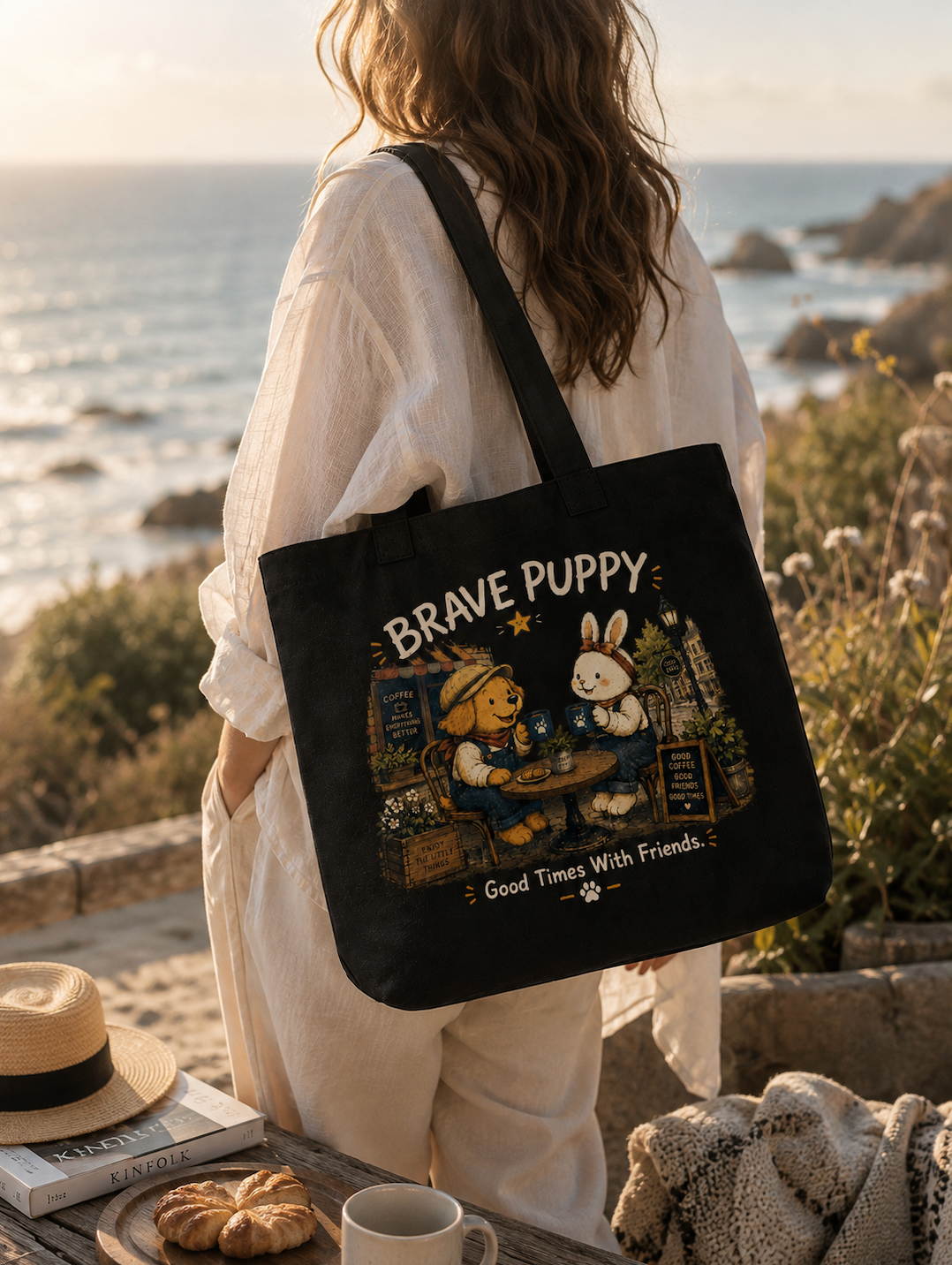 Brave Puppy Coffee With Friends Canvas Tote Bag