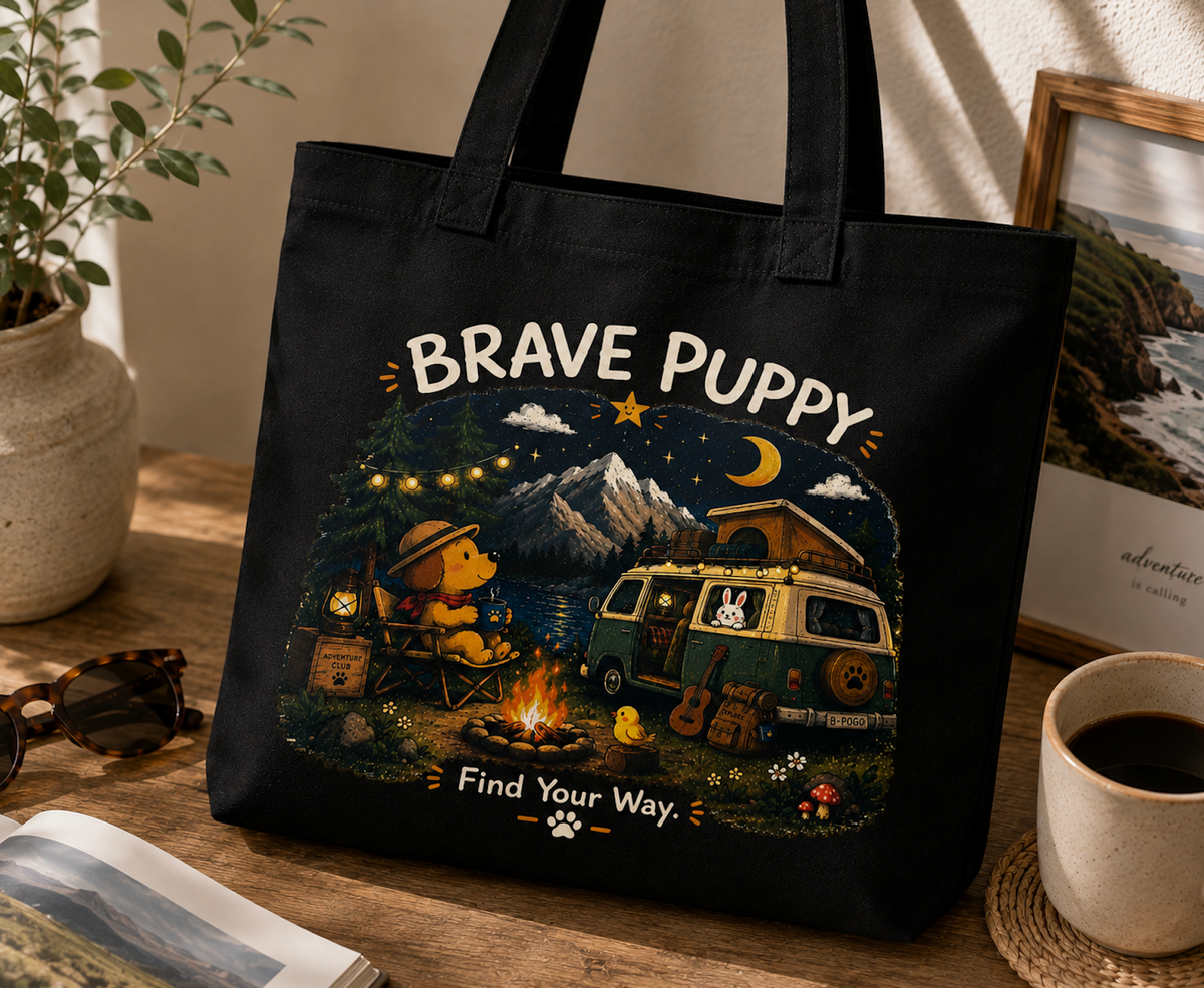 Brave Puppy Camping Adventure Canvas Tote Bag