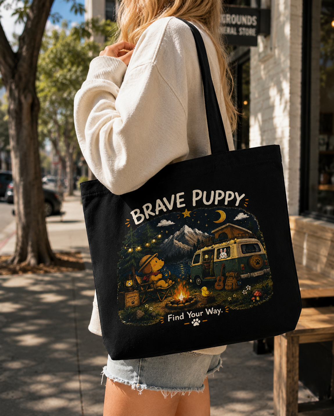 Brave Puppy Camping Adventure Canvas Tote Bag