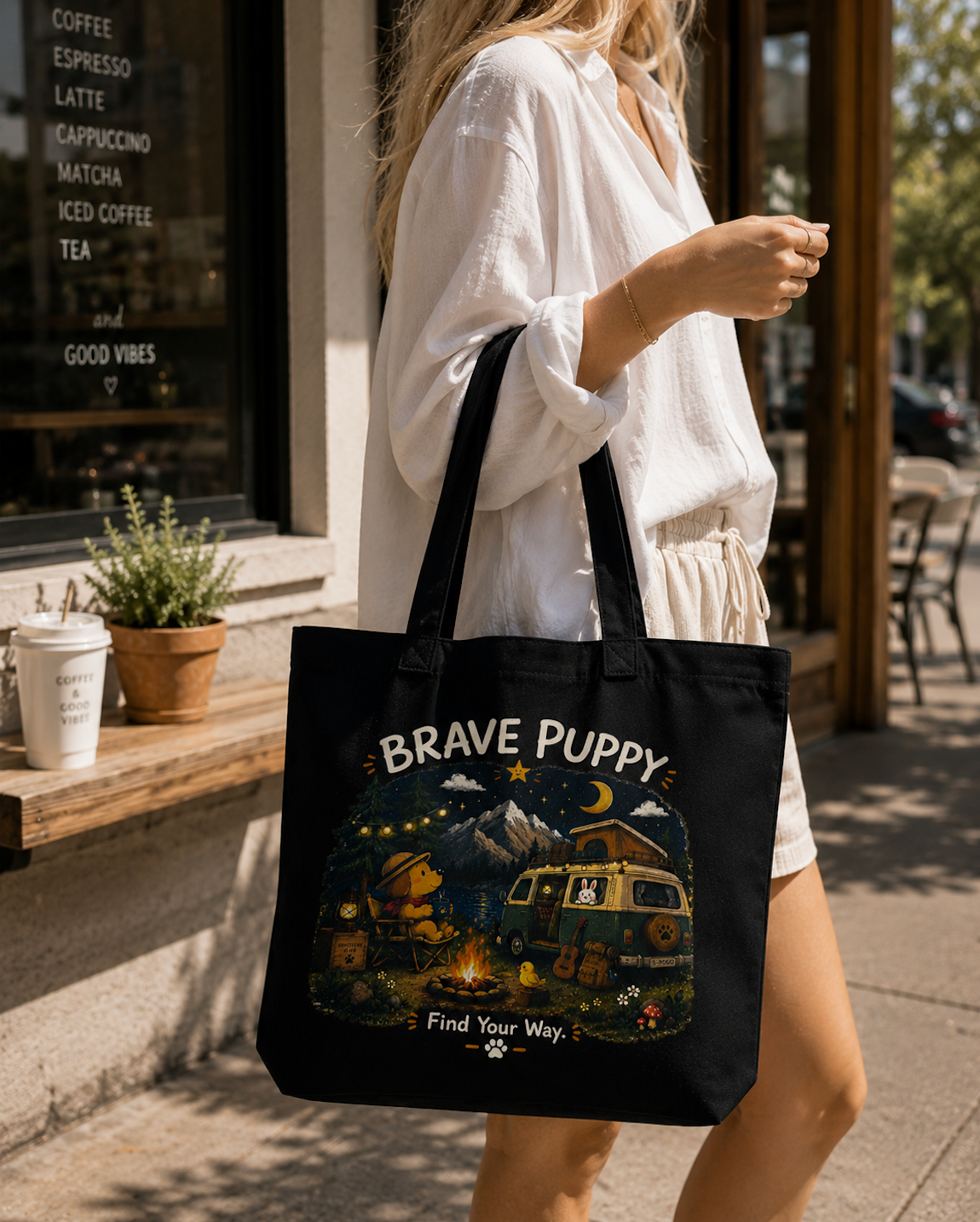 Brave Puppy Camping Adventure Canvas Tote Bag