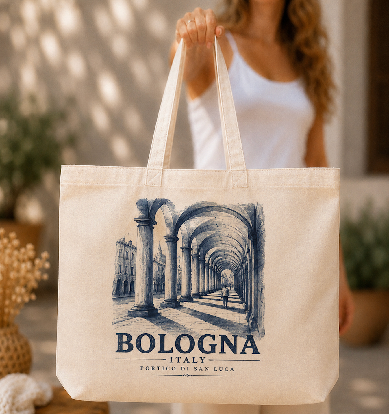 Bologna Italy Canvas Tote Bag – Vintage Blue Italian Portico Travel Bag