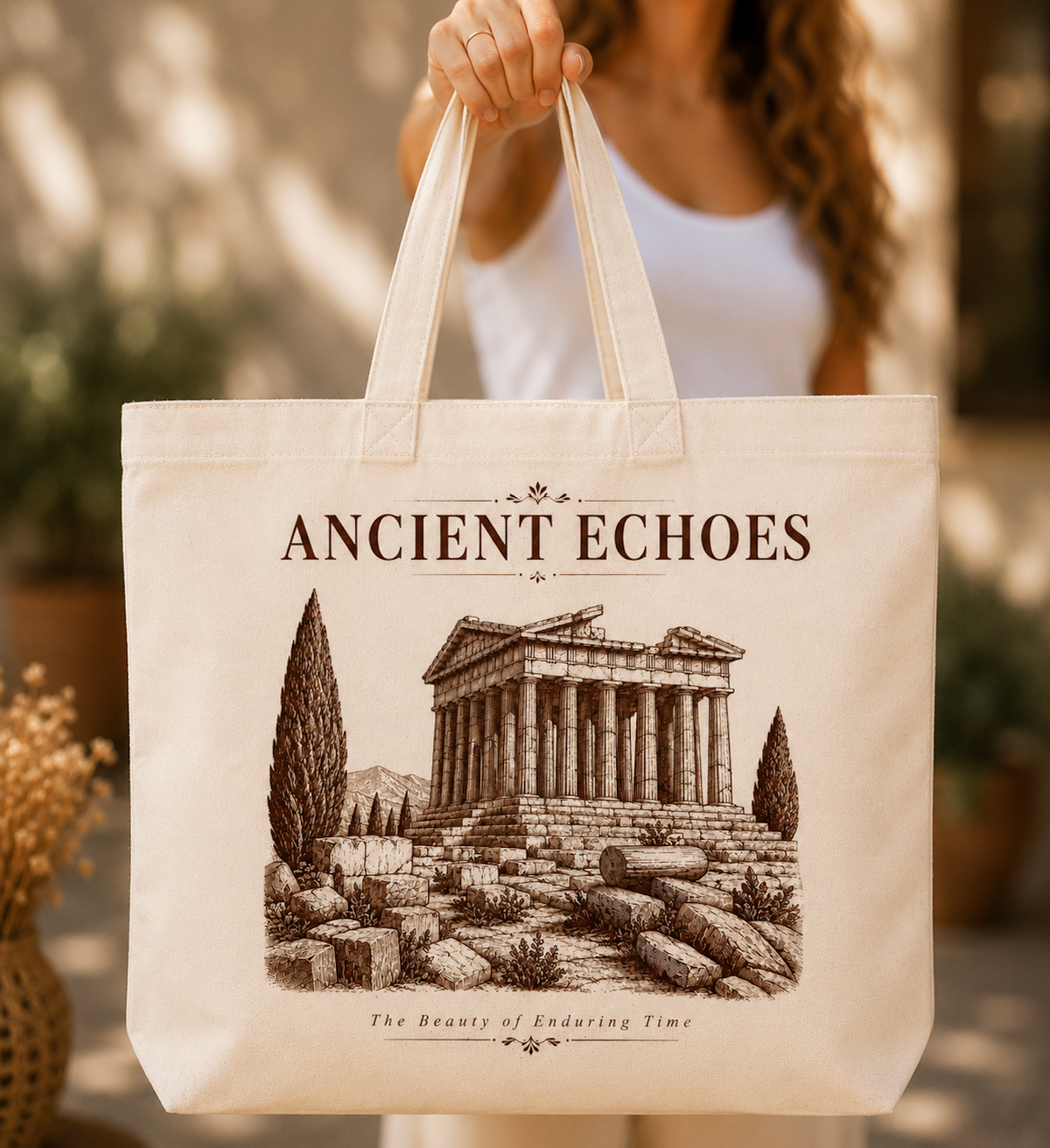 Ancient Echoes Canvas Tote Bag – Vintage Greek Temple Art Bag