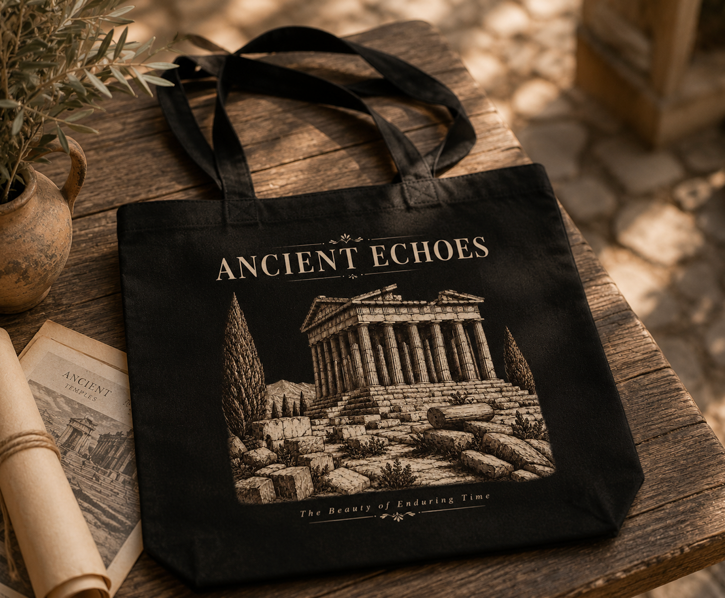Ancient Echoes Canvas Tote Bag – Vintage Greek Temple Art Bag