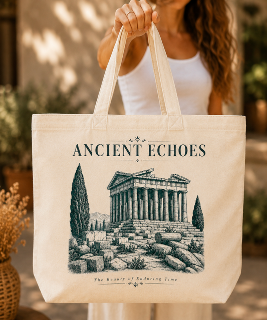 Ancient Echoes Canvas Tote Bag – Vintage Green Greek Temple Art Bag
