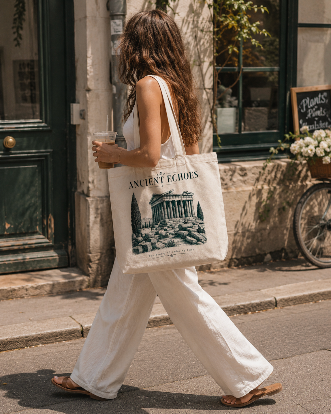 Ancient Echoes Canvas Tote Bag – Vintage Green Greek Temple Art Bag