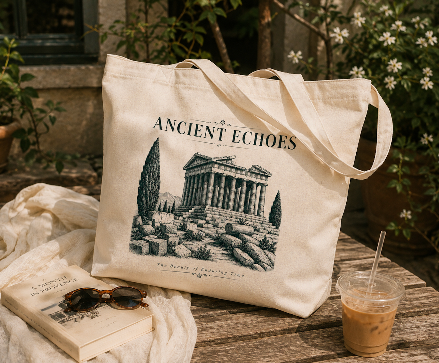 Ancient Echoes Canvas Tote Bag – Vintage Green Greek Temple Art Bag