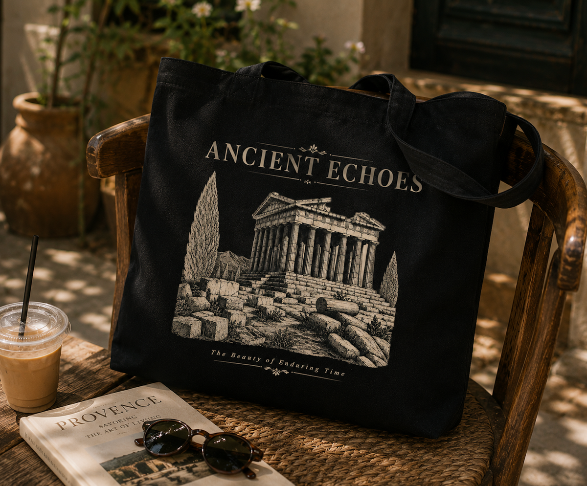 Ancient Echoes Canvas Tote Bag – Vintage Green Greek Temple Art Bag