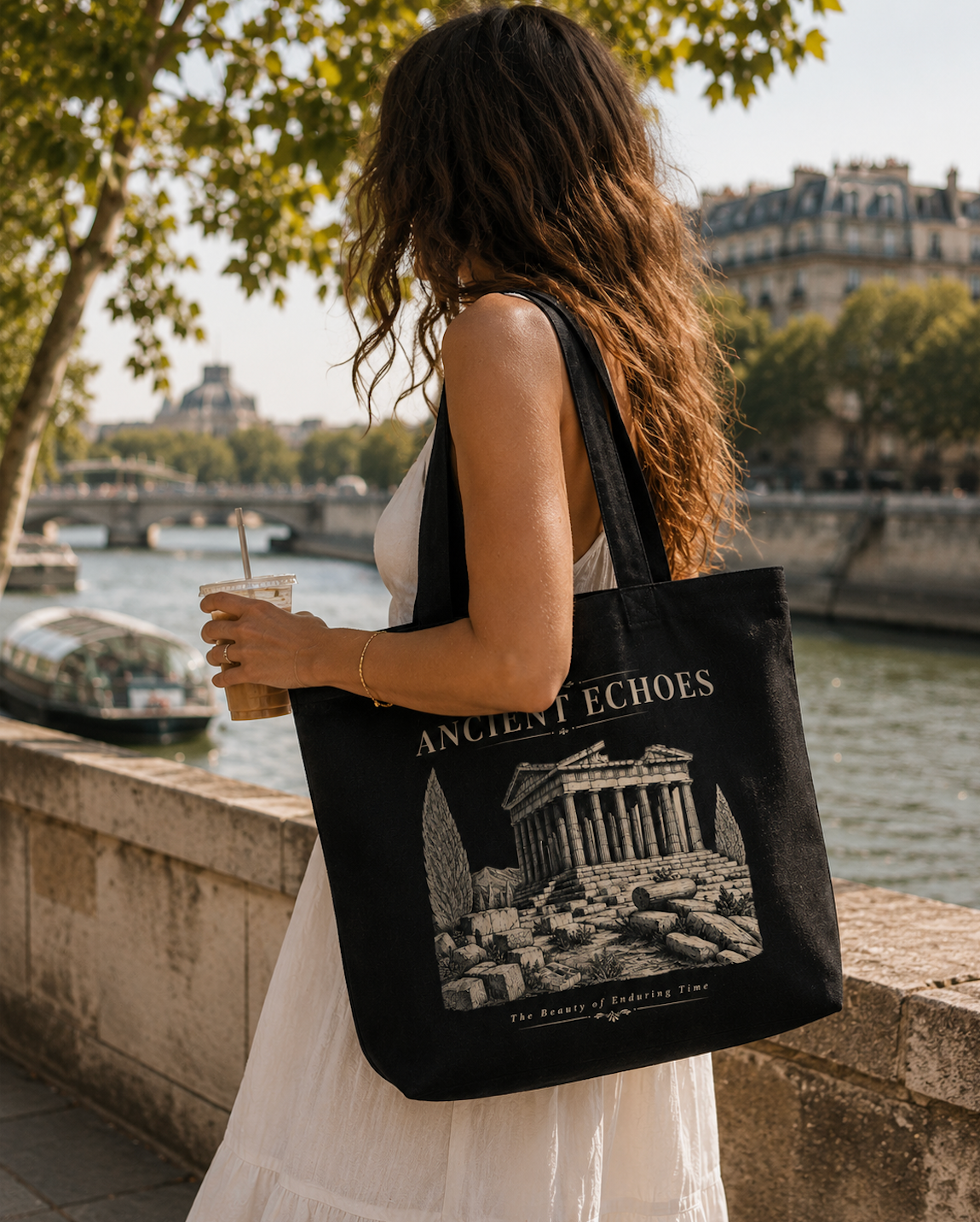 Ancient Echoes Canvas Tote Bag – Vintage Green Greek Temple Art Bag