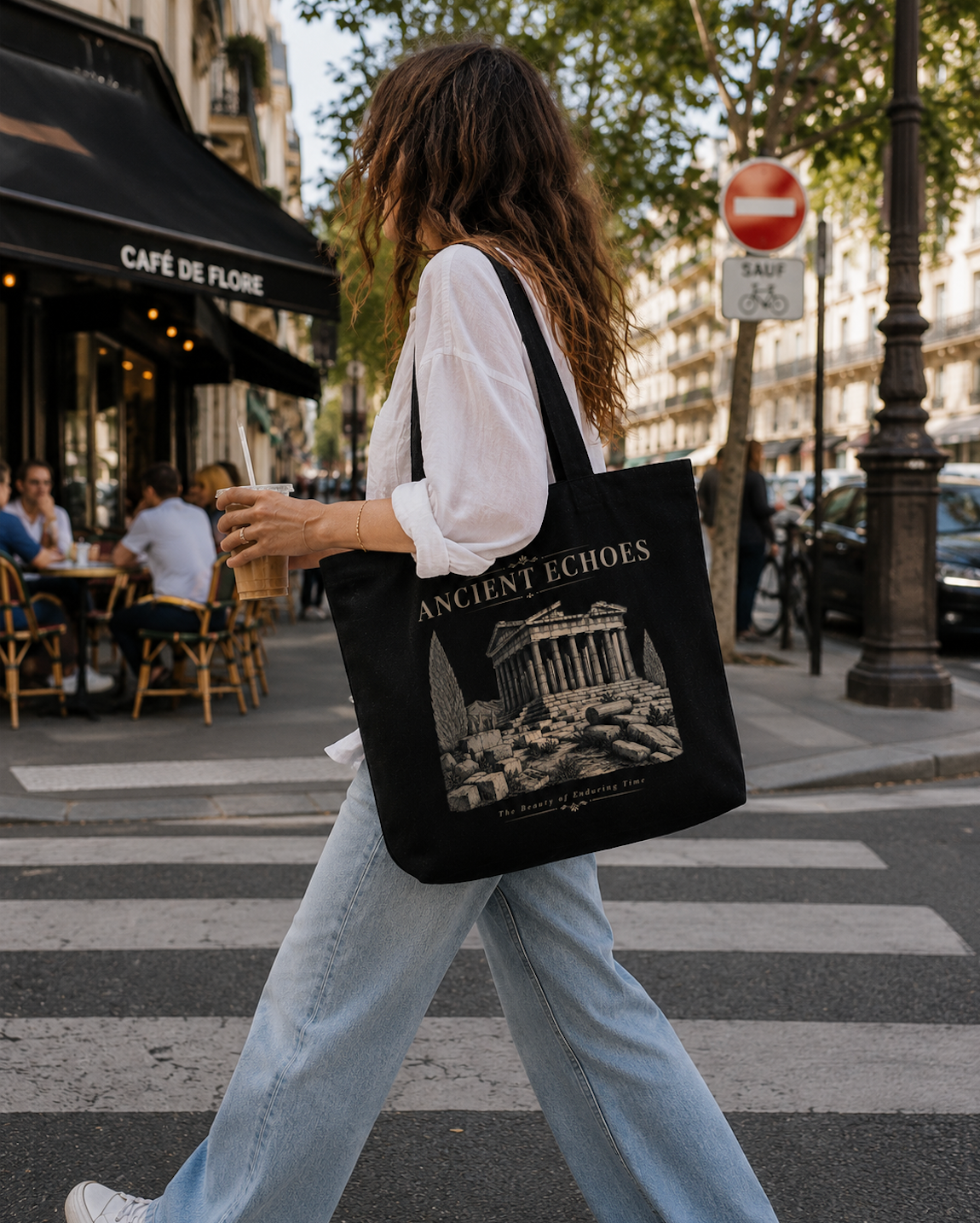 Ancient Echoes Canvas Tote Bag – Vintage Green Greek Temple Art Bag