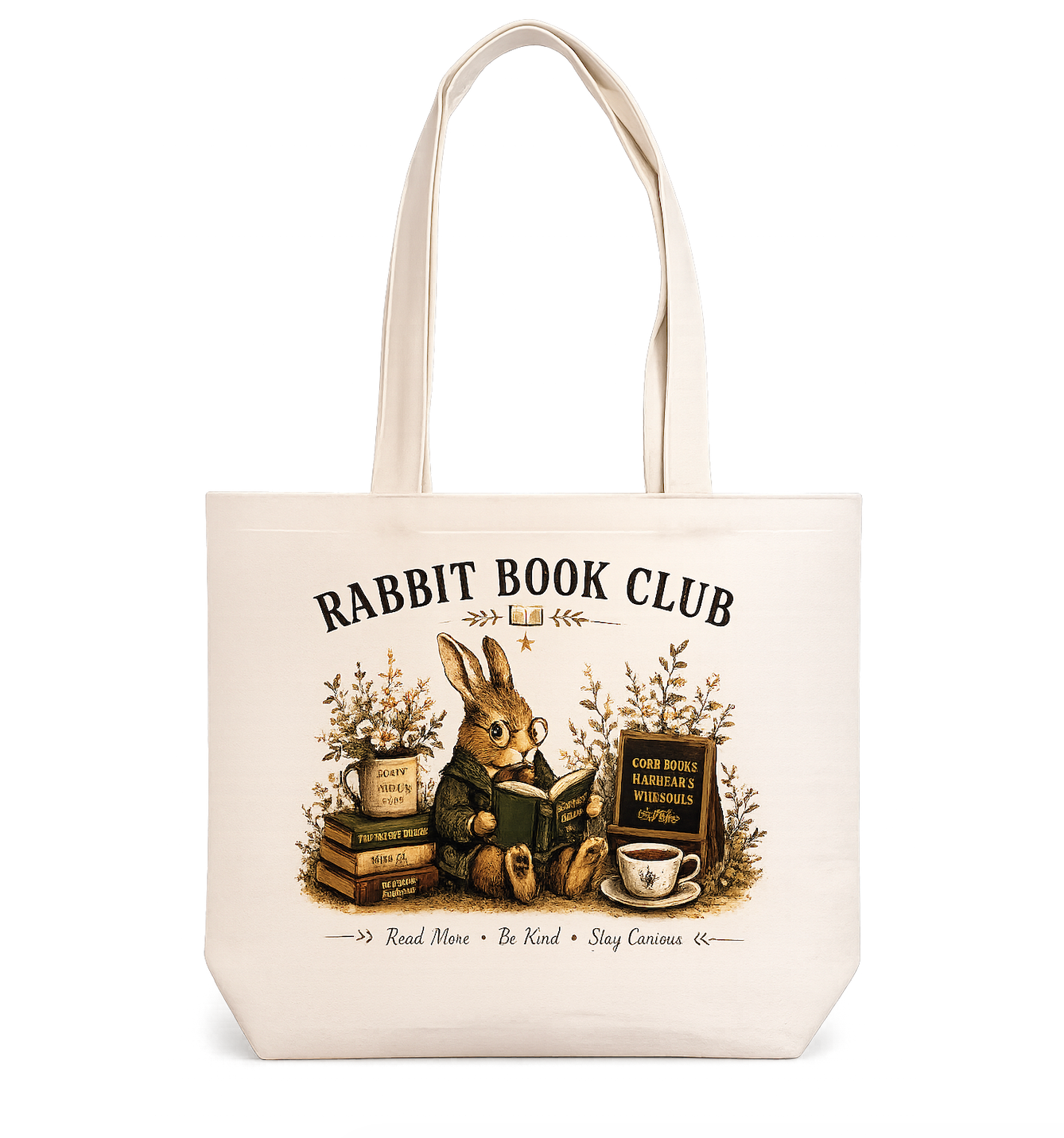 Rabbit Book Club Canvas Tote Bag – Vintage Reading Bunny Cotton Tote | Cozy Book Lover Gift for Readers & Teachers