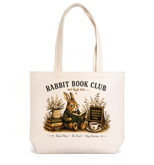 Rabbit Book Club Canvas Tote Bag – Vintage Reading Bunny Cotton Tote | Cozy Book Lover Gift for Readers & Teachers