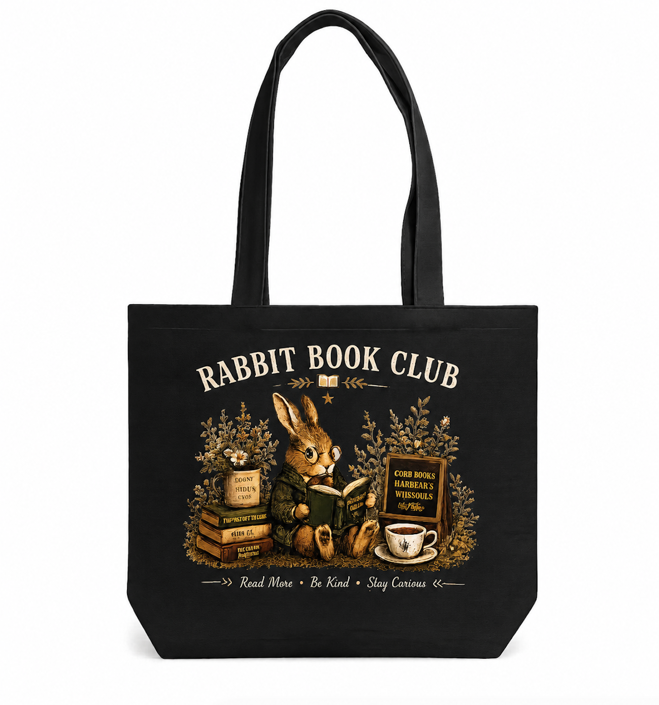 Rabbit Book Club Canvas Tote Bag – Vintage Reading Bunny Cotton Tote | Cozy Book Lover Gift for Readers & Teachers