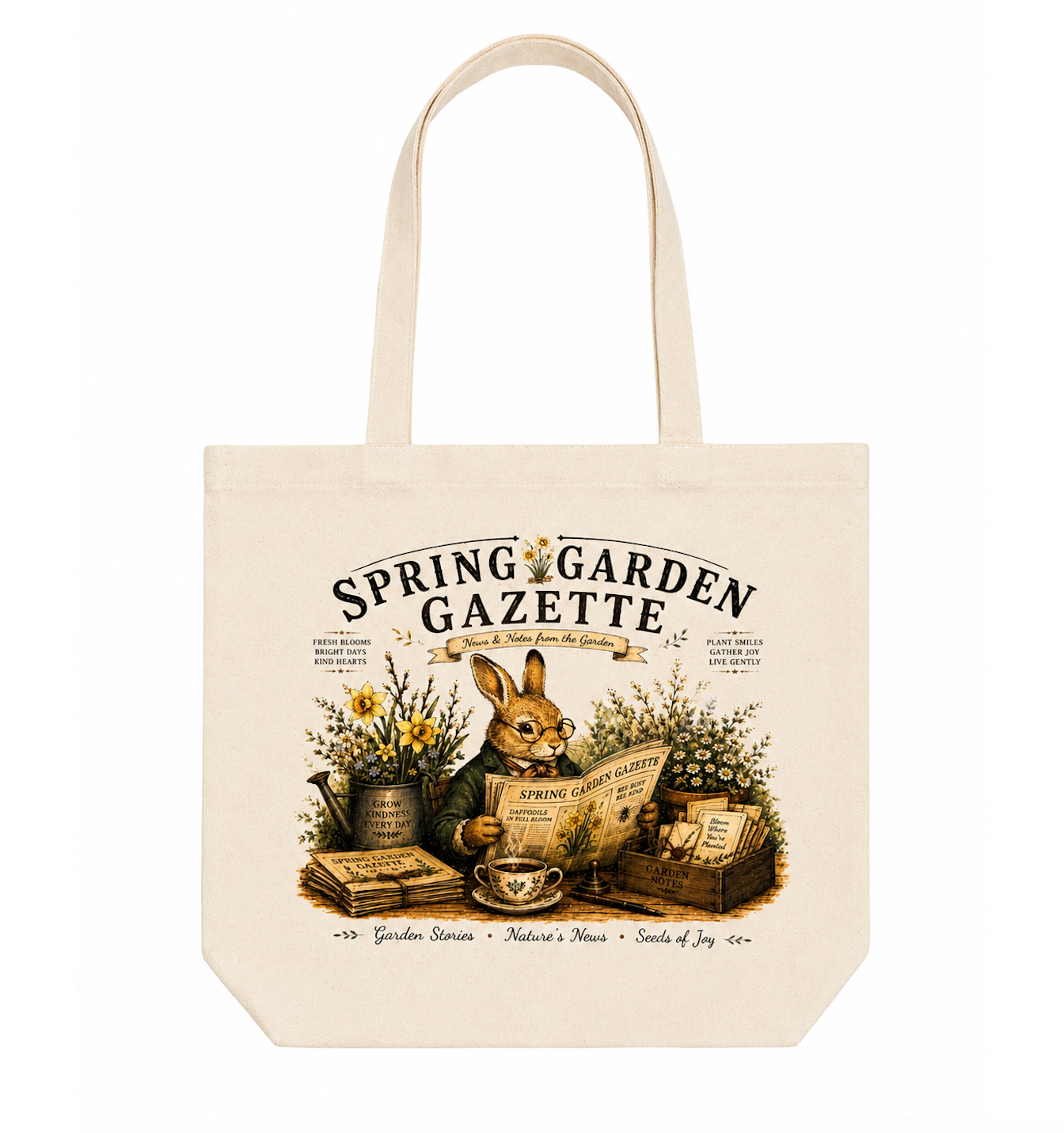 Spring Garden Gazette Canvas Tote Bag – Vintage Gardening Rabbit Cotton Tote | Cottagecore Garden Lover Gift