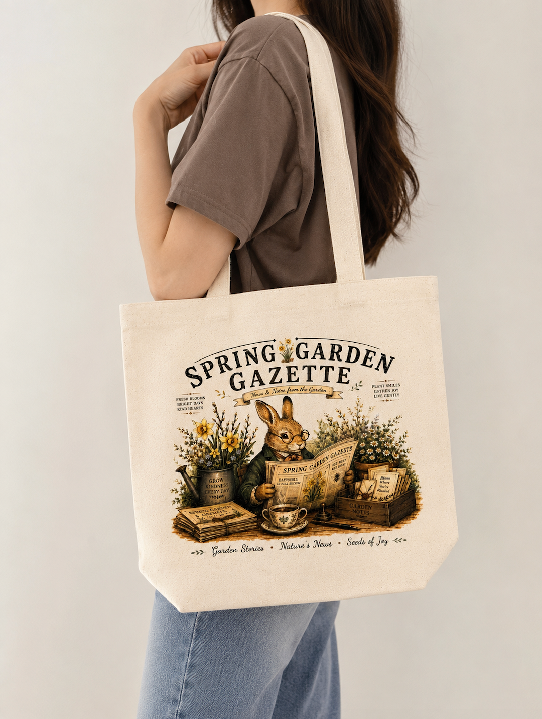 Spring Garden Gazette Canvas Tote Bag – Vintage Gardening Rabbit Cotton Tote | Cottagecore Garden Lover Gift