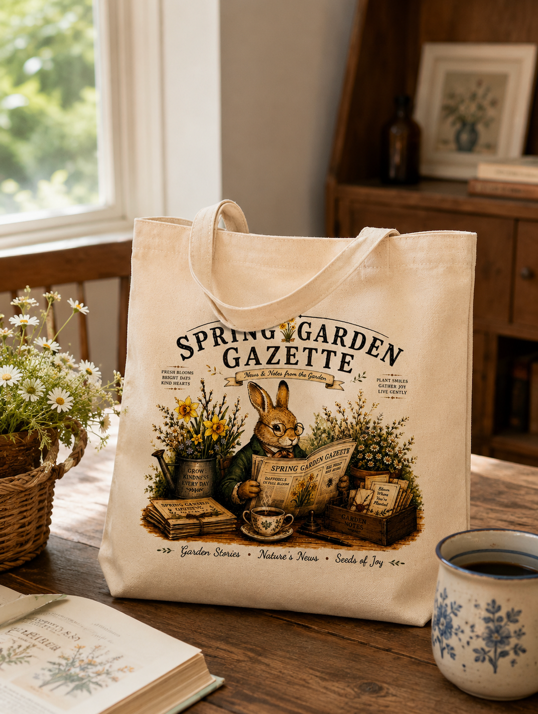 Spring Garden Gazette Canvas Tote Bag – Vintage Gardening Rabbit Cotton Tote | Cottagecore Garden Lover Gift