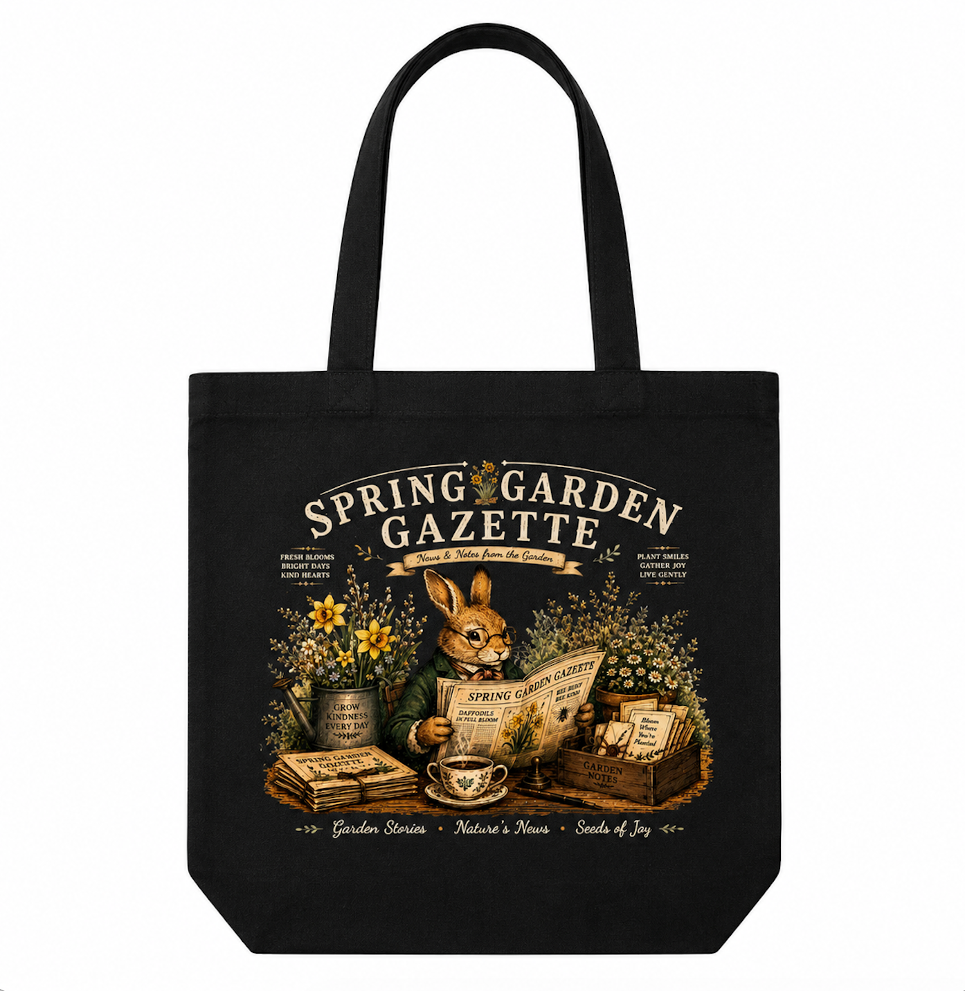 Spring Garden Gazette Canvas Tote Bag – Vintage Gardening Rabbit Cotton Tote | Cottagecore Garden Lover Gift