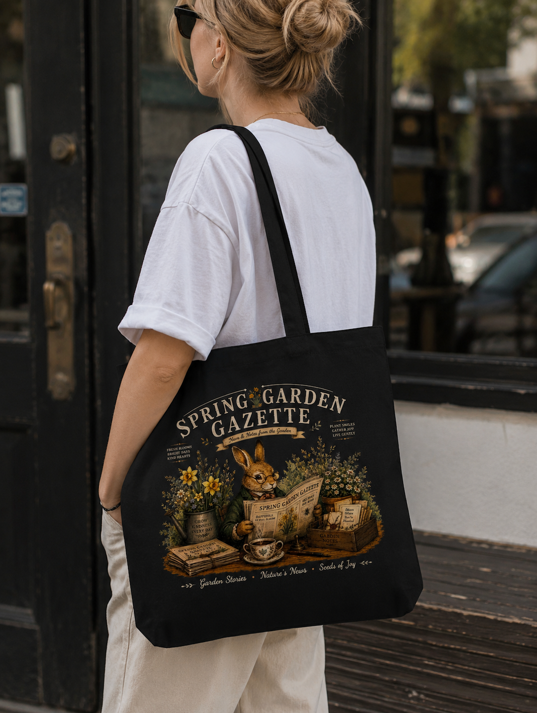 Spring Garden Gazette Canvas Tote Bag – Vintage Gardening Rabbit Cotton Tote | Cottagecore Garden Lover Gift