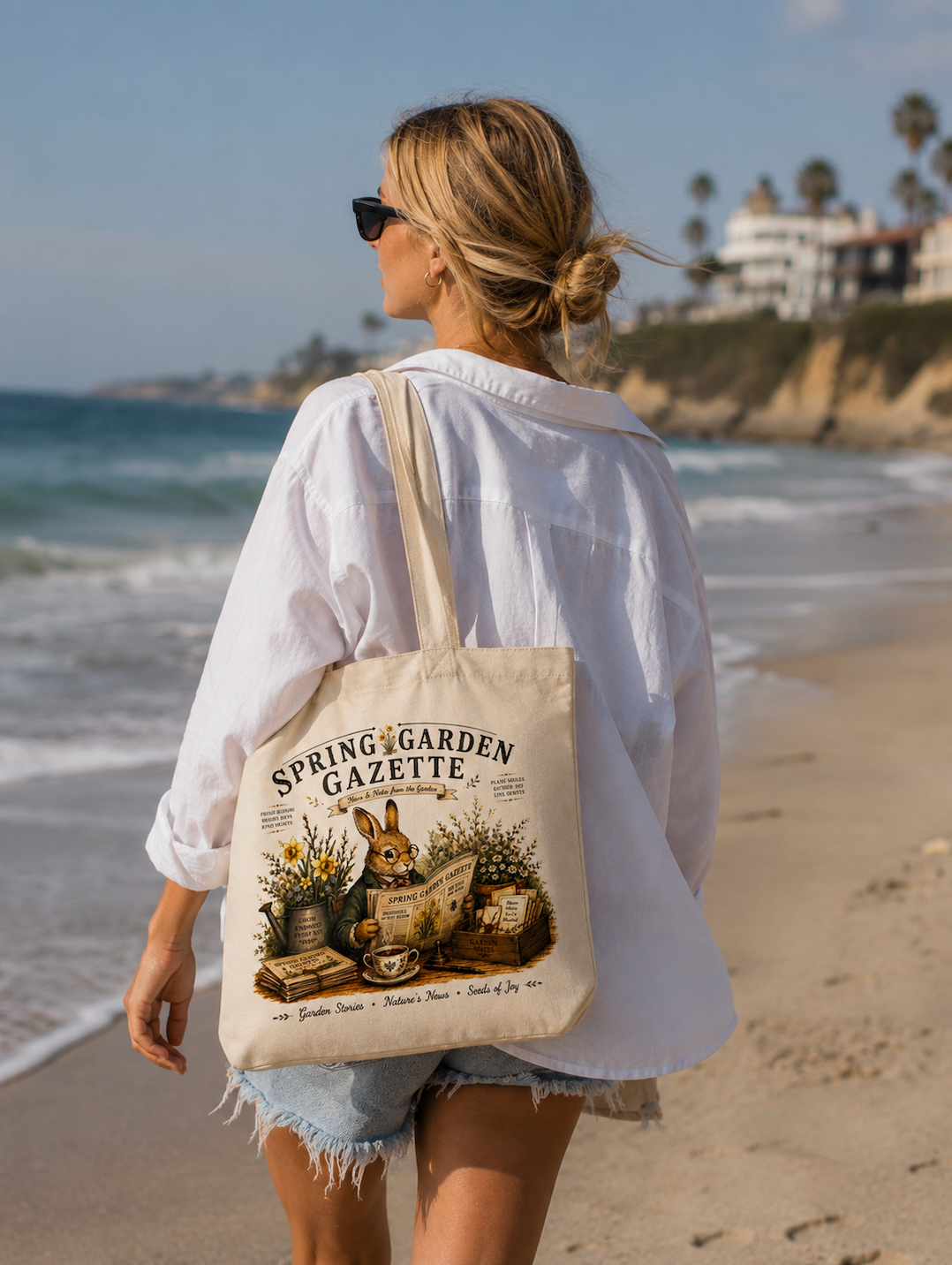 Spring Garden Gazette Canvas Tote Bag – Vintage Gardening Rabbit Cotton Tote | Cottagecore Garden Lover Gift